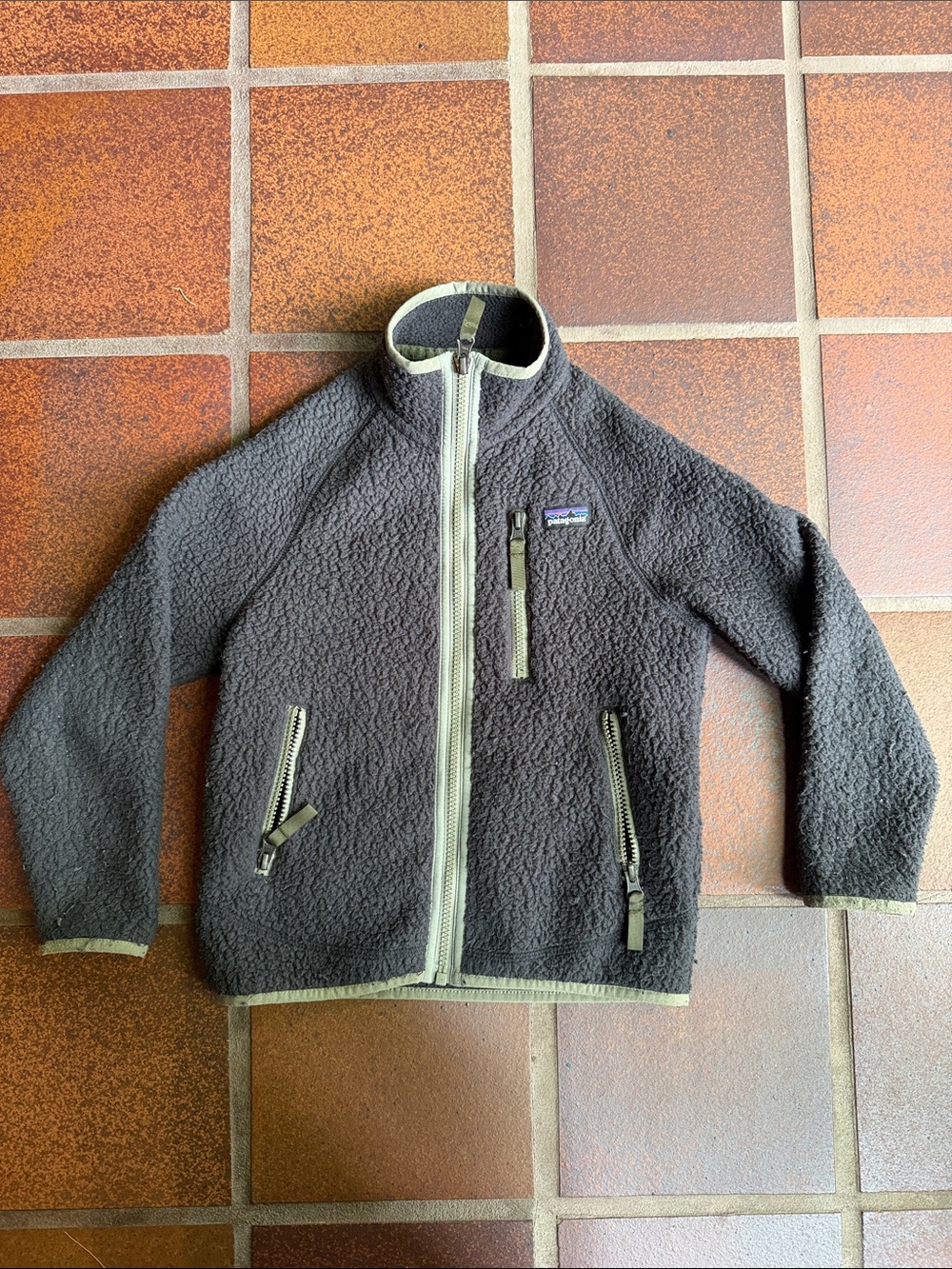 Patagonia Dark Charcoal Fleece Jacket with Light Olive Trim